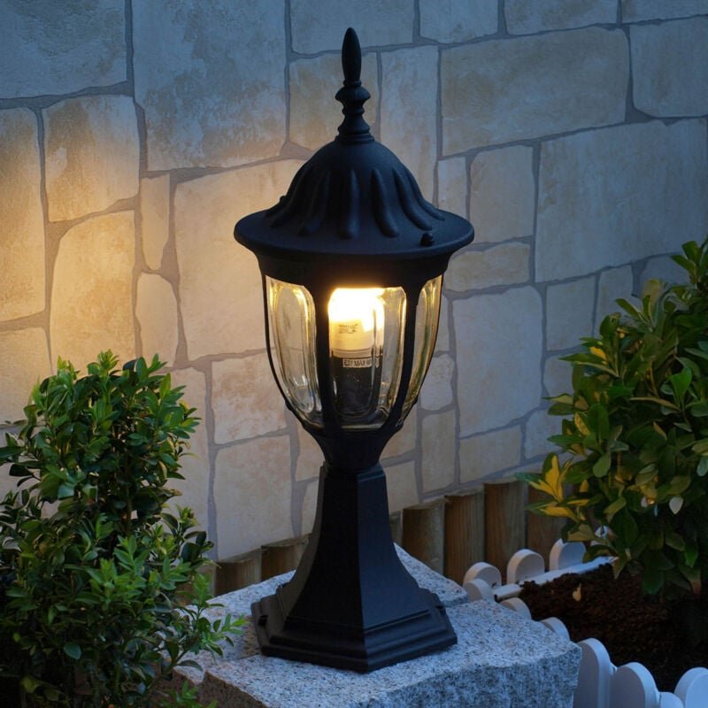 Außenlampe in Schwarz IP43 E27 43 cm Glas Aluminium Rustikal Wegeleuchte Garten