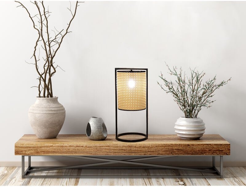 LED Tischlampe Schwarz mit Geflecht in Rattan Optik, Höhe 56cm