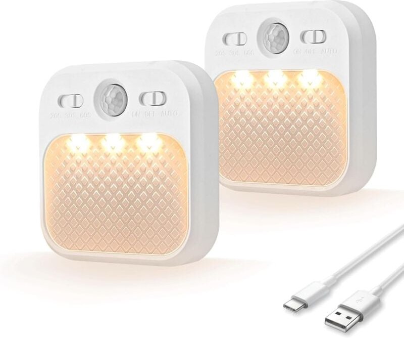 Set aus 2 LED-Nachtlichtern mit Bewegungsmelder, 3 Lichtfarben und magnetischer Befestigung, ideal für Flure, Treppenhäu...