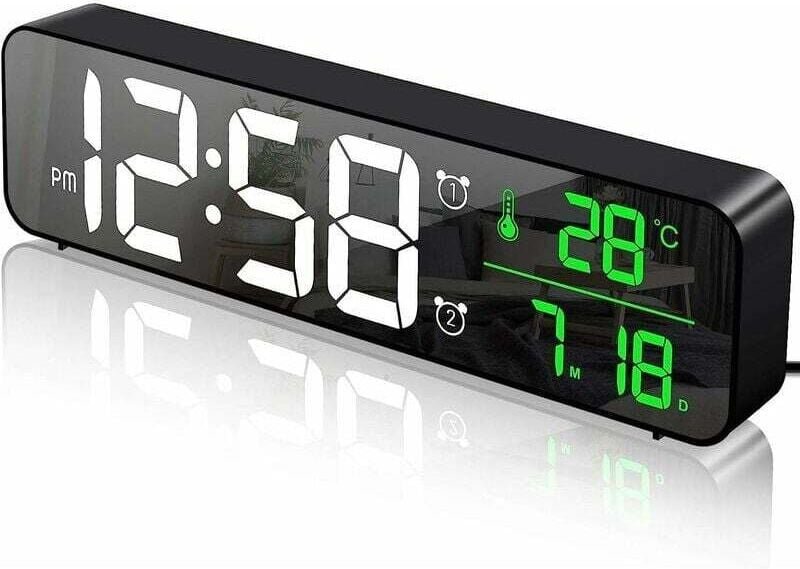 Thumbnail - GABRIELLE Digitaler Wecker, LED-Digital-Morgenwecker, Wanduhr, großer Bildschirm, Spiegel mit Temperatur, Datum, 2 Alarm...