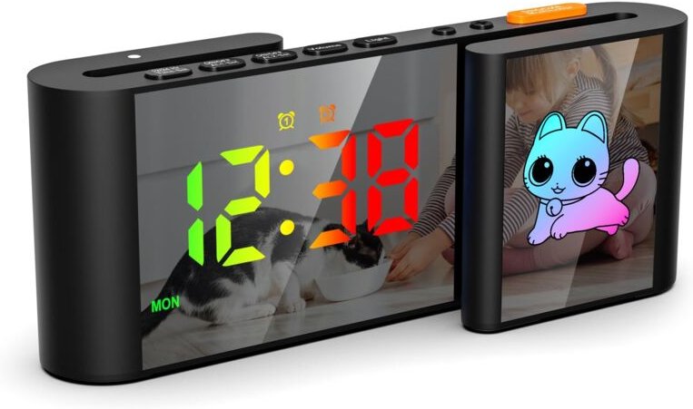 Digitaler Wecker, niedlicher Katzen-Digitalwecker, LED-Uhr im S-Design, 11 Cartoon-Farben, Dimmer, Lautstärkeregler, Sch...