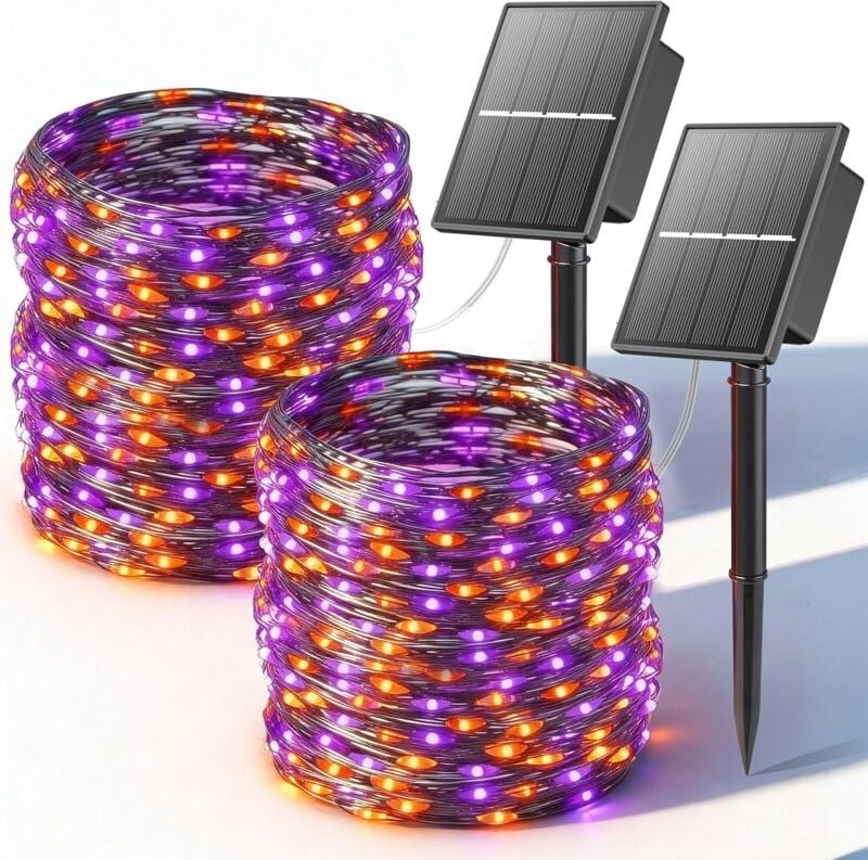 Solar Lichterkette Außen Halloween Dekorationen, 2x12m Insgesamt 400 LED Halloween Lichterkette 8 Modi Orange Lila Wasse...