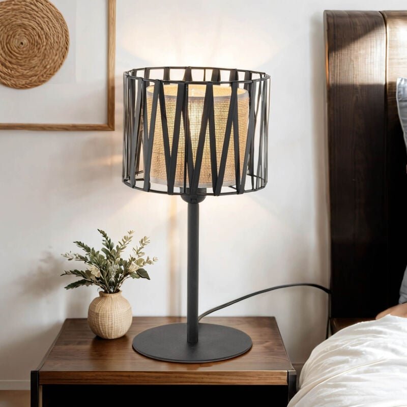 Nachttischlampe Metall E27 rund d: 20 cm 37 cm Schwarz Braun Modern Nachttischleuchte