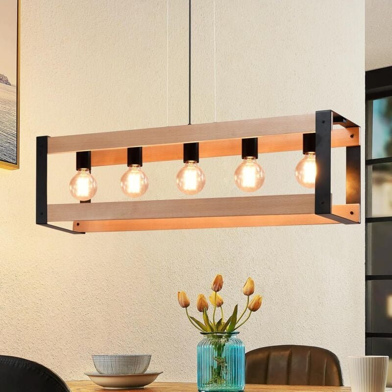 Gbly - Pendelleuchte Holz Vintage Esszimmerlampe - Hängelampe Schwarz E27 5 Flammig Esstisch Metal Pendellampe Industria...