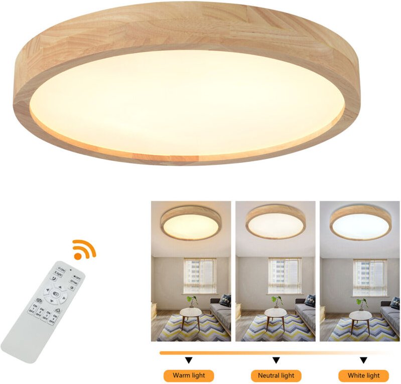 LED-Deckenleuchte aus Holz, dimmbar mit Steuerung, runde Deckenleuchten aus Holz 36 W Ø40 cm für Wohnzimmer, Küche, Essz...