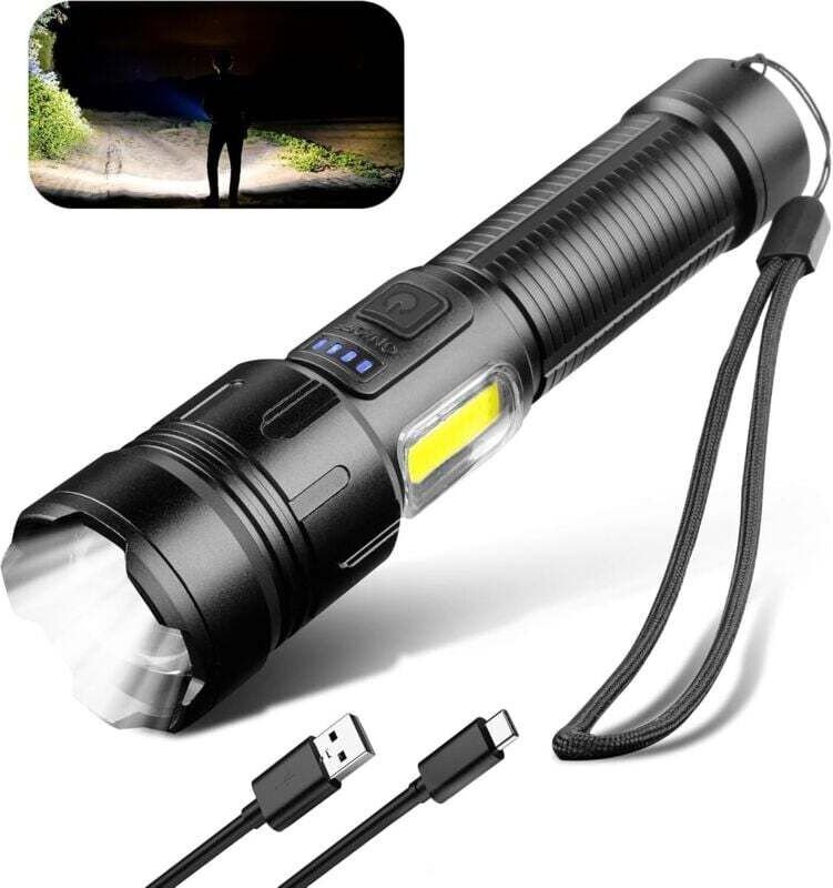 Ultrahelle COB-LED-Taschenlampe mit 1000–1200 Lumen – USB-aufladbar – 3 Leuchtmodi – Tragbar – Wasserdicht (IPX4) – Für ...