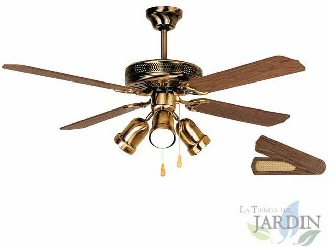 Suinga - Orbegozo Deckenventilator mit Licht, 4 Wendeflügel, 3 Geschwindigkeiten, altgoldene Farbe.