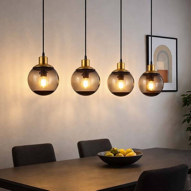 LED Hängelampe Glas modern Pendelleuchte Rauchglas Hängeleuchte schwarz, 4 flammig Metall Glaskugeln messing Retro, 4x 6...