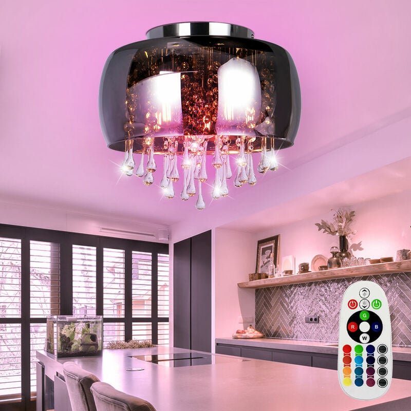 Glas Decken Lampe rauch fernbedienung Kristall Chrom Leuchte dimmbar im Set inkl. rgb led Leuchtmittel
