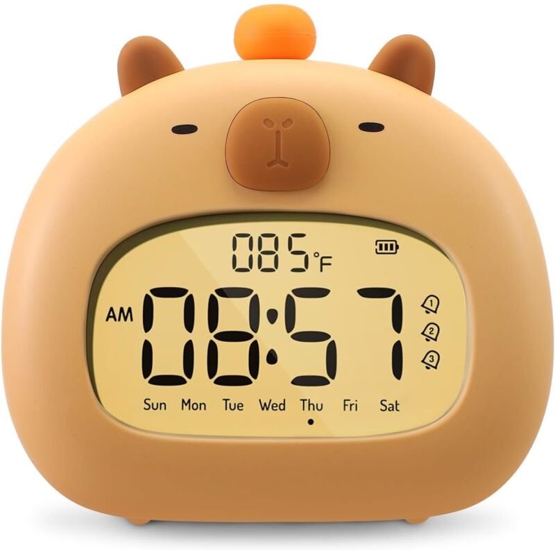 Capybara Kinderwecker – Nachttischwecker mit Nachtlicht – 3 Weckzeiten – LED-Anzeige für Datum, Uhrzeit und Temperatur –...