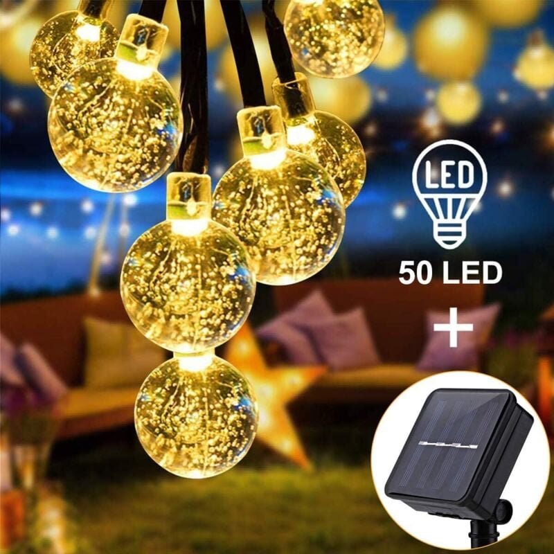 Solar-Lichterkette, 7 m, 50 LEDs, Kristallkugeln, wasserdicht, dekorative Lichter für drinnen und draußen, Garten, Terra...