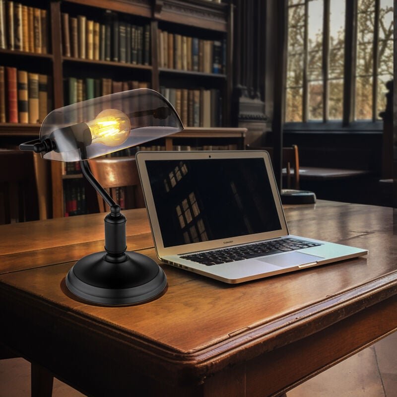 Schreibtischleuchte Bankerlampe Tischlampe schwarz Rauchglas Leseleuchte , 1x E27, LxH 25x32 cm