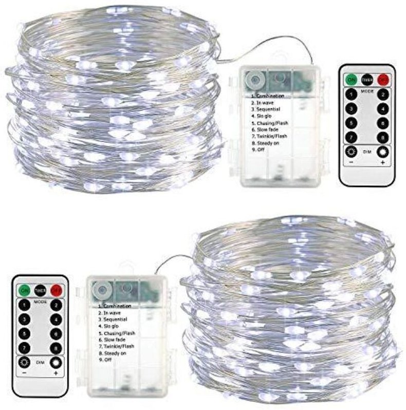 Set aus 2 batteriebetriebenen 10m (100 LED) LED-Lichterketten, wasserdicht, für den Außenbereich, mit Fernbedienung, Tim...