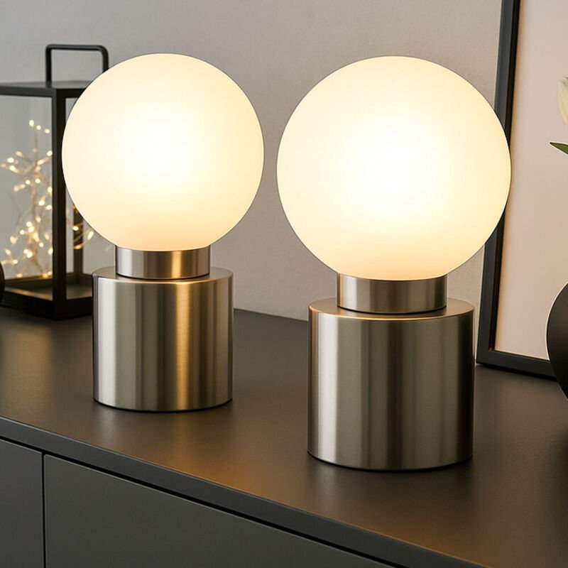 Thumbnail - Tischlampe Tischleuchte Wohnzimmerlampe Nickel opal satiniert Nachttischlampe, Metall, Glas, 1x E14 Fassung, DxH 15x24,5...