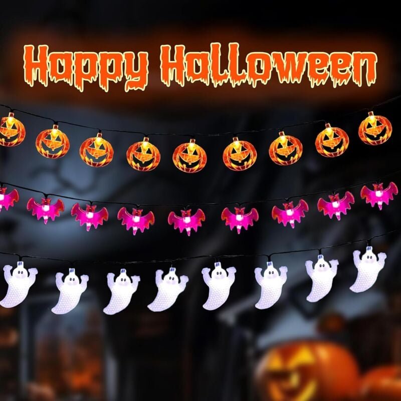 Thumbnail - Halloween Lichterkette, 3 Stück 3 Meter 20 led Halloween Lichterkette Batterie, Kürbisse Lila Fledermäuse Weiße Geister ...