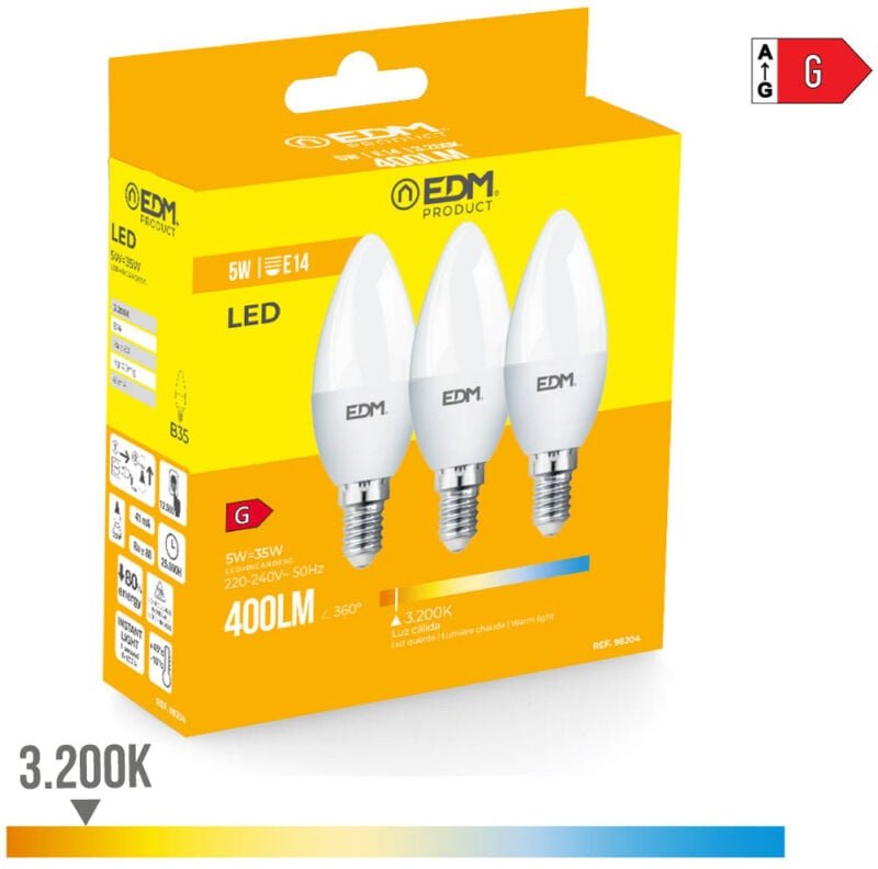 EDM - Set mit 3 LED-Glühbirnen E14 5 w Flame, entspricht 50 w – Warmweiß 3200 k