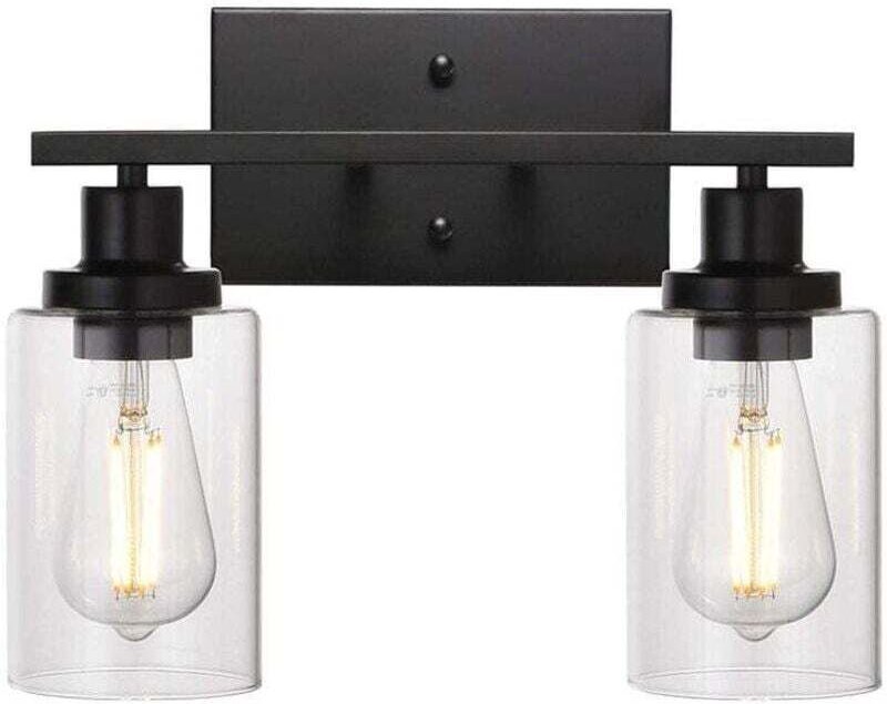 Schwarze Wandleuchte mit Glasschirm im Vintage-Stil für Badezimmer.