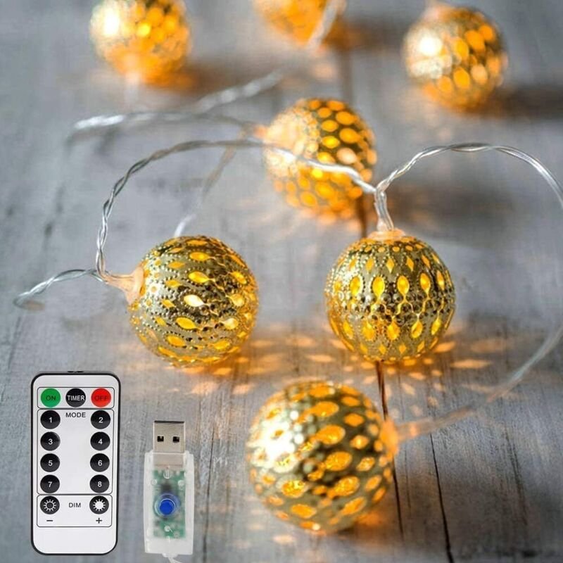 LED-Lichterkette, 20 marokkanische LED-Lichterkette, 3 m, 8 dimmbare Modi mit Fernbedienung, orientalische Weihnachtskug...