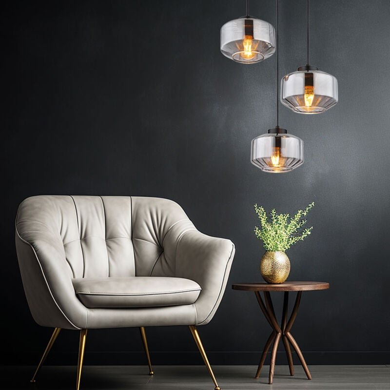 Thumbnail - Led Pendellampe Esstisch Wohnzimmerleuchte schwarz 3-flammig Hängeleuchte modern, bauchige Glasschirme, Metall schwarz r...