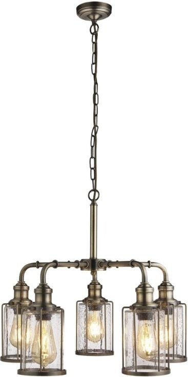 Searchlight Pipes - 5 Licht Anhänger Antik Messing, Glasschirm, E27