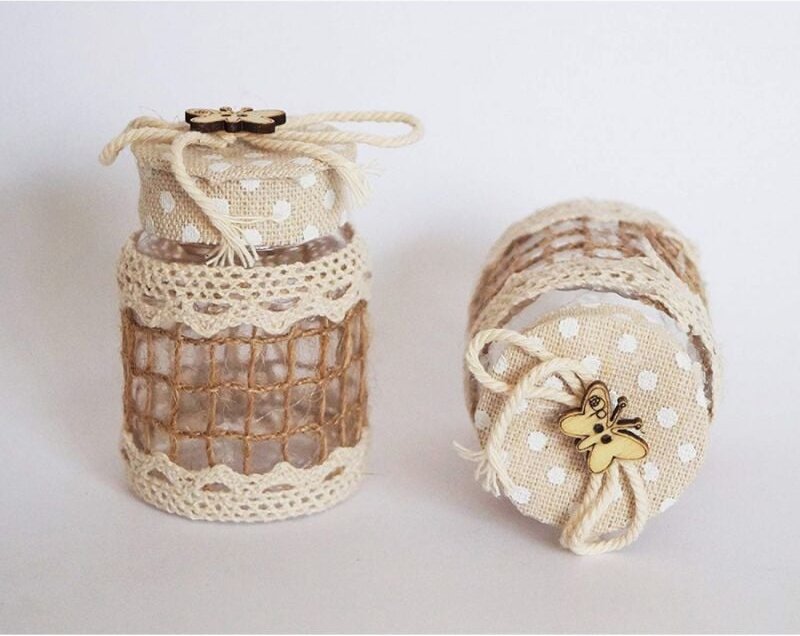 Trade Shop Traesio - Trade Shop - satz 12 hochzeit gefälligkeiten beige polka dot glas 4X6,5CM kunststoffnetz schmetterl...