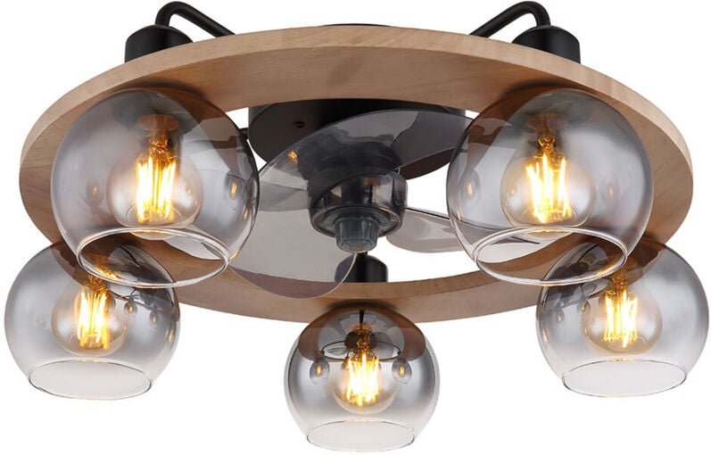 Deckenventilator mit Fernbedienung Deckenleuchte Holz Ventilator Ventilatorlampe Retro Rauchglas, Metall Glas, 5x E27, D...