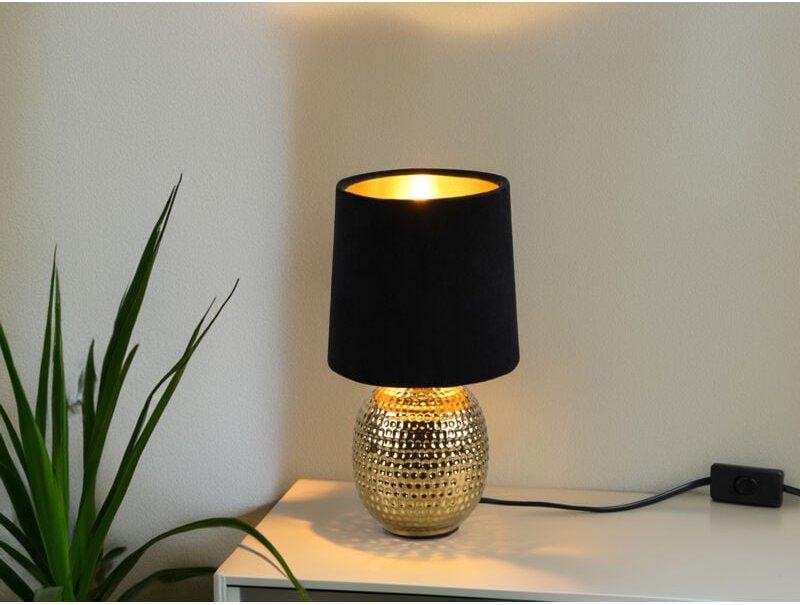 Meinewunschleuchte - led Tischleuchte mit Keramikfuß & Samtschirm Schwarz - Gold, Höhe 26cm