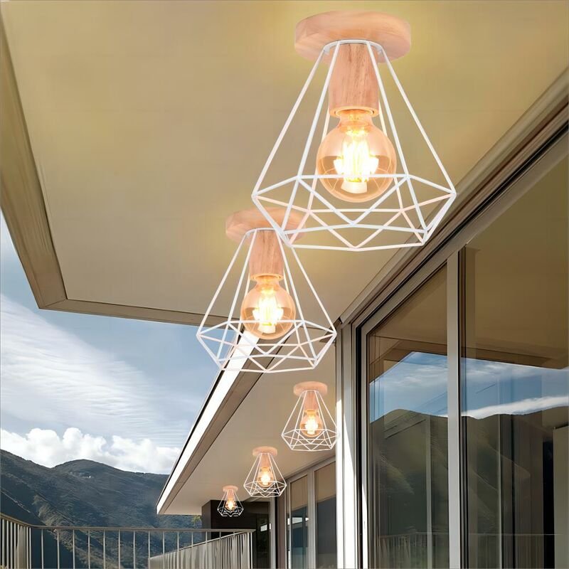 2x Industriell Deckenlampe in Rautenform Metall Hölzern Lüster Moderne Kronleuchter für Schlafzimmer Badezimmer Flur Kor...