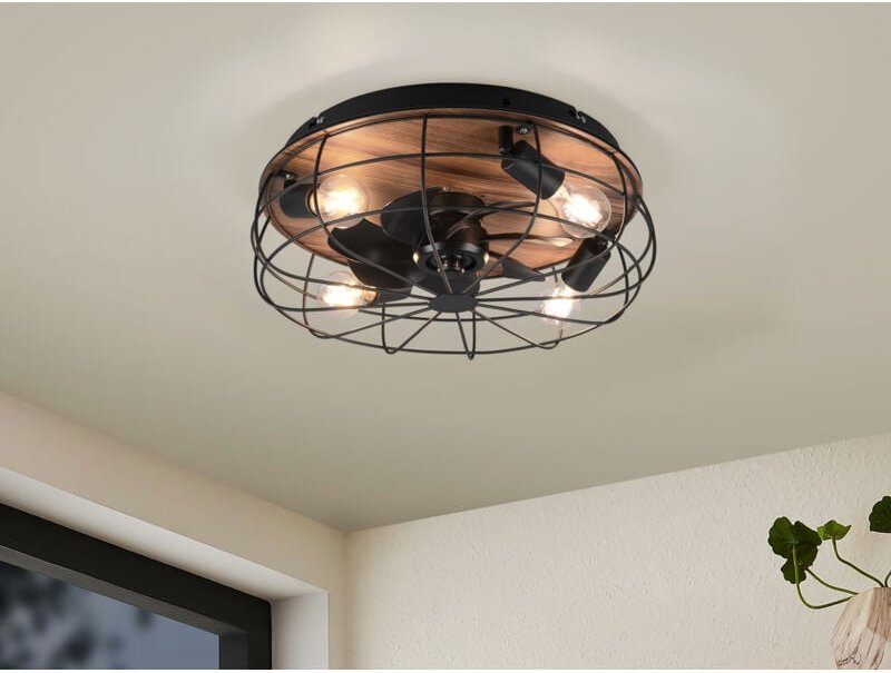 Trio - Deckenleuchte mit Ventilator trondheim, Fernbedienung Schwarz/Holzoptik, ø 48cm