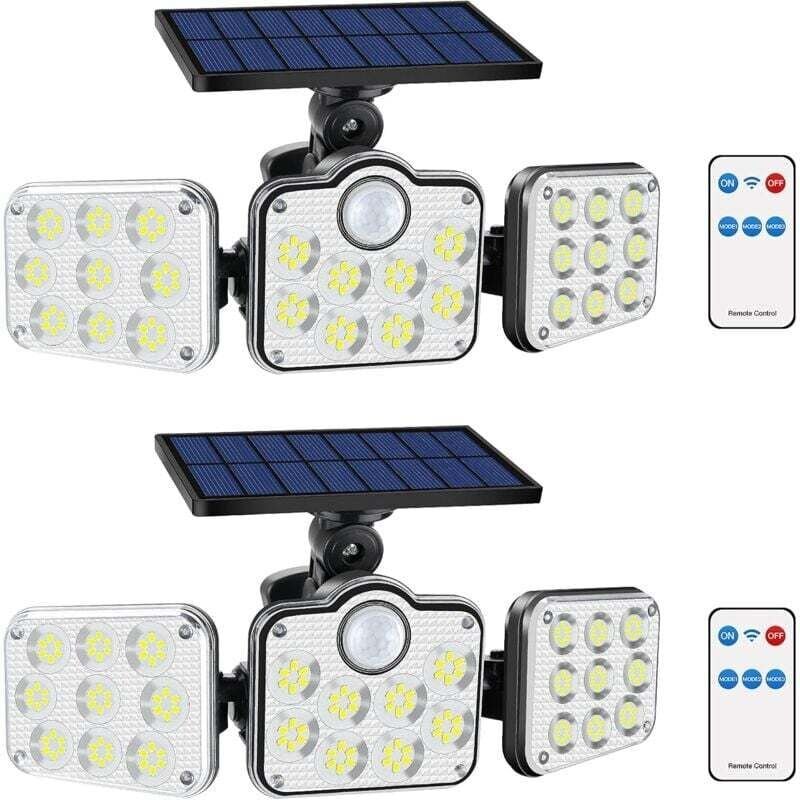 2er-Pack 138 LED 2200lm Solar-Flutlichter für den Außenbereich mit Fernbedienung, IP65 wasserdicht, 3 verstellbare Köpfe...