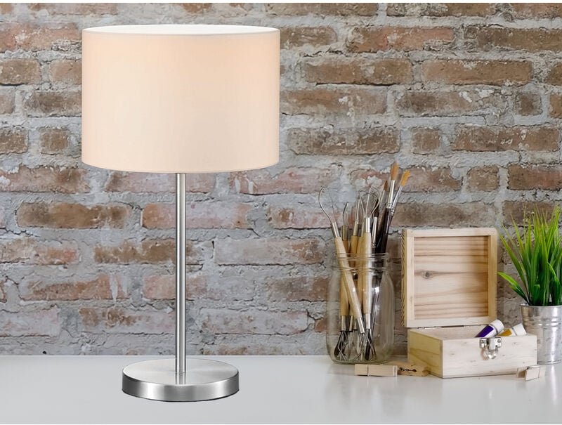 Große led Tischleuchte Silber mit Stoffschirm weiß, Höhe 55cm
