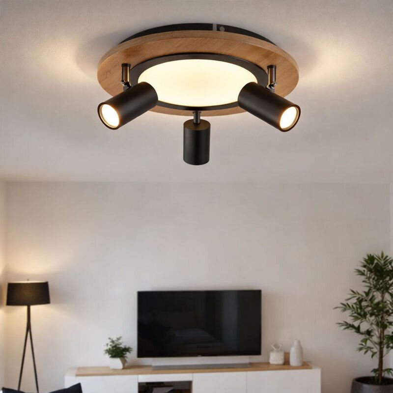 Globo Lighting - Deckenleuchte 3 Stufen Deckenlampe Strahler schwenkbar Spotleuchte Holz, 3x GU10, 1x led 15W 1300Lm war...