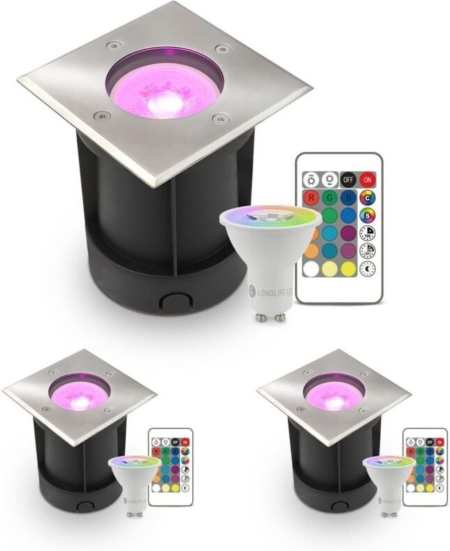 Thumbnail - LED Bodeneinbaustrahler eckig Edelstahl 230V IP67 - Leuchtmittel: GU10 5W RGB+CCT inkl. IR Fernbedienung - Anzahl: 3x