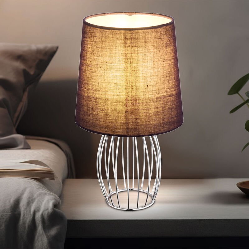 Nachttischleuchte Textilschirm lila Tischlampe Metallgitter Beistellleuchte Gitter chrom, Kabellänge 1,5m, 1x E14 Fassun...