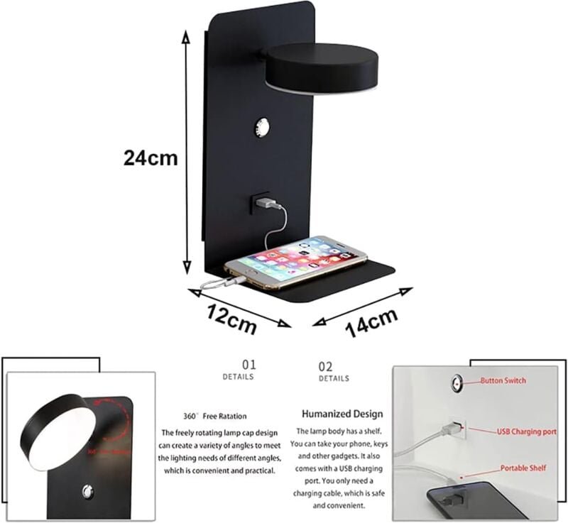 Thumbnail - LED-Innenwandleuchte mit USB-Anschluss, moderne 12-W-Dreifarben-dimmbare Wandlampe mit Schalter, Wandleseleuchte, 330° d...