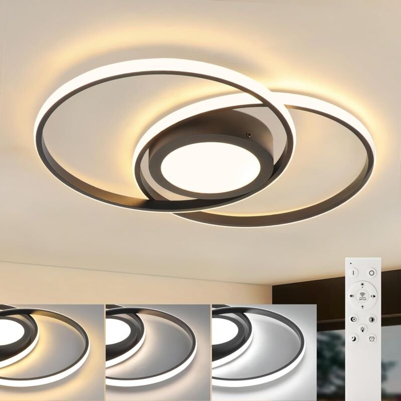 Deckenleuchte led Wohnzimmerlampe Modern - Deckenlampe 48W mit Fernbedienung Schwarz Schlafzimmerlampe für Wohnzimmer Sc...