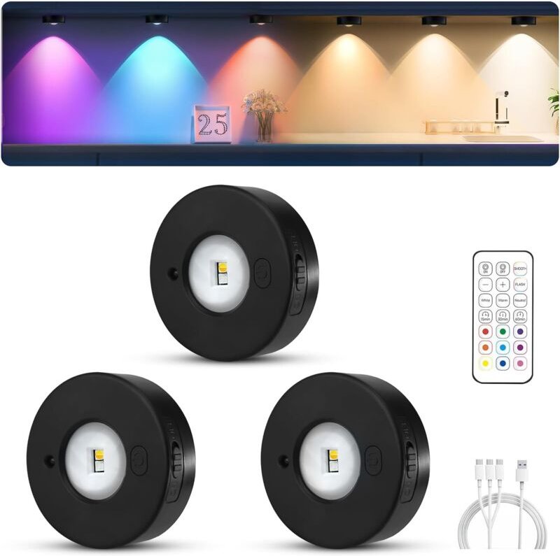 MERTTURM RGB-LED-Spots mit Fernbedienung, 1200 mAh Akku, wiederaufladbar, magnetisch, dimmbar, für Küchenunterschränke, ...