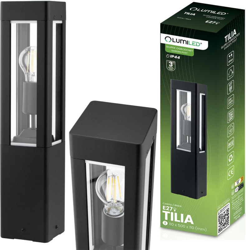 Gartenleuchte aus Aluminium, schwarz, E27-Fassung, Schutzart IP44, Pfosten 50 cm, TILIA LUMILED