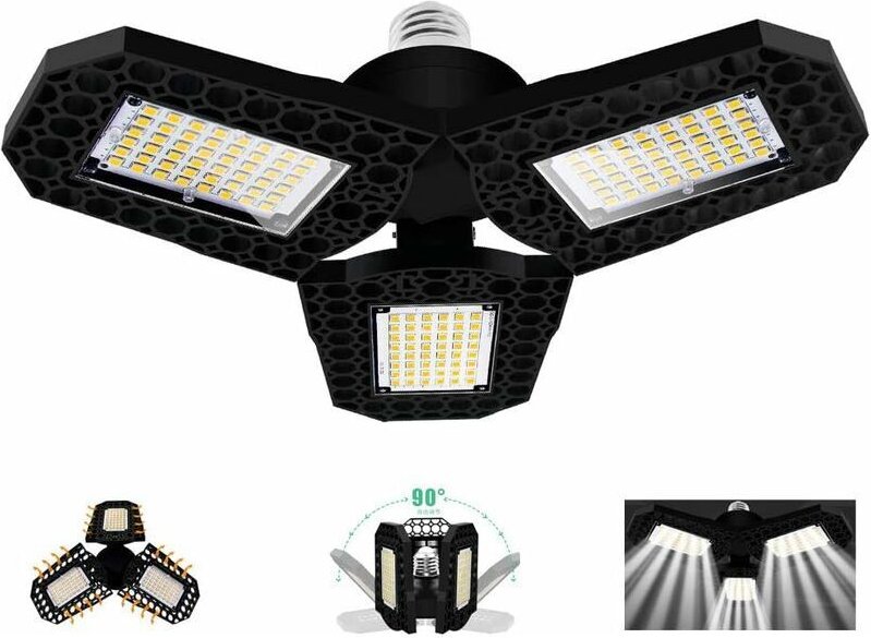 60-W-LED-Garagenleuchte, E27-Fassung, verformbare Deckenleuchte mit 3 verstellbaren Paneelen, Kaltweiß, für Garage, Werk...