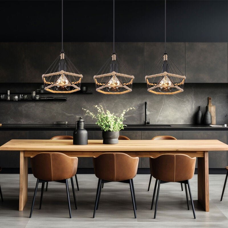 Hängelampe Pendelleuchte Deckenlampe Wohnzimmerleuchte Esszimmerlampe, Metall schwarz Hanfseil braun Gitterschirme, E27 ...