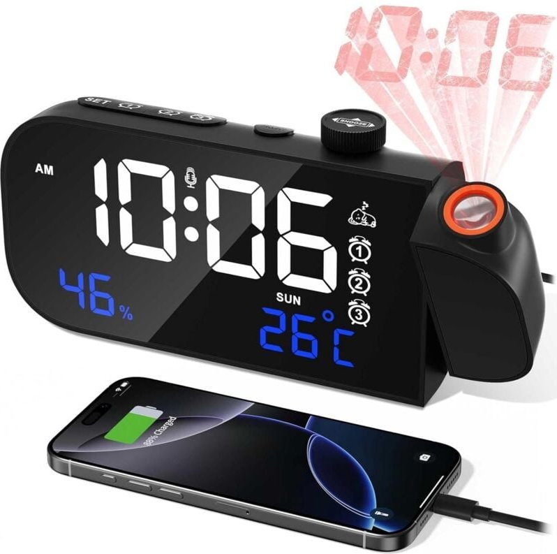 Deckenprojektor-Wecker, Digitaler Wecker mit Projektor, LED-Digitaluhr, mit Temperatur/Luftfeuchtigkeit/Snooze/Audioakti...