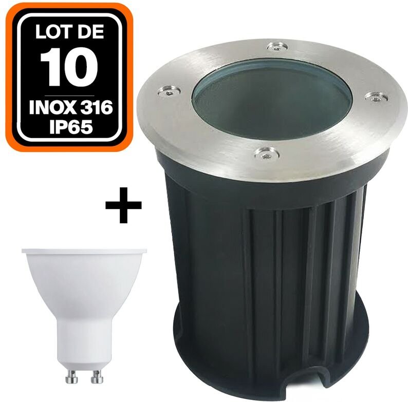 10er-Pack Bodeneinbaustrahler Rund Edelstahl 316 Außen IP65 + GU10 7W Glühlampe Warmweiß 2700K
