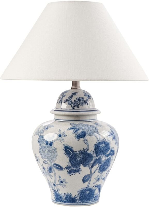 Tischlampe Weiß und Blau Porzellansockel Leinenglockenschirm mit Blumenmuster Beleuchtung Stilvoll