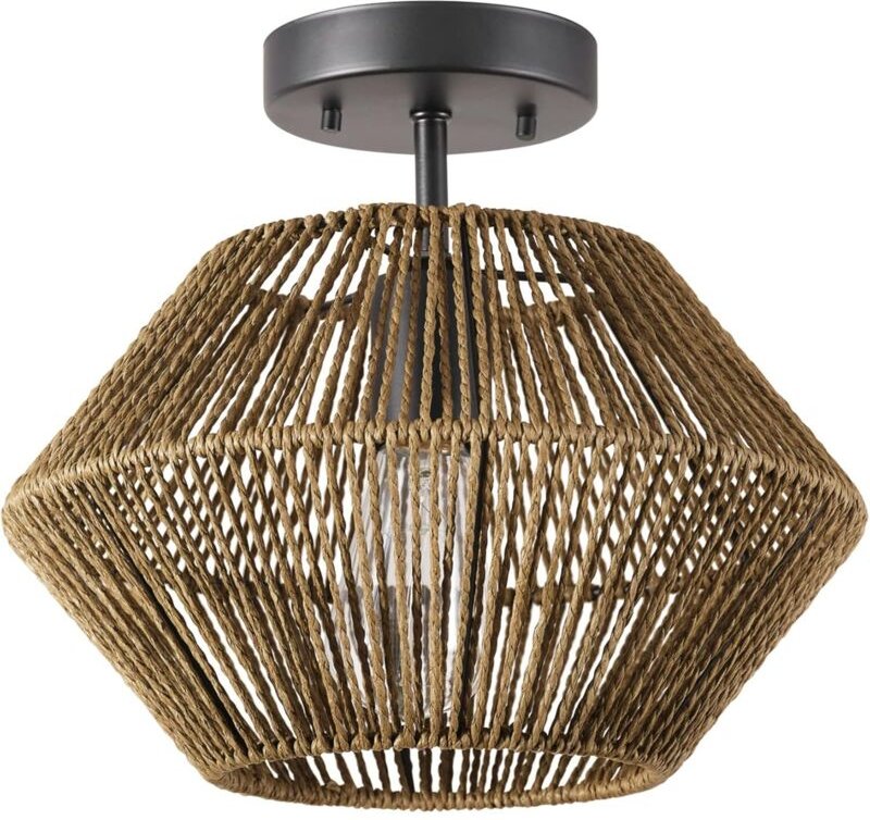 Elektrische Deckeneinbauleuchte 65891, einflammig, mattschwarz, Lampenschirm aus Naturholz.