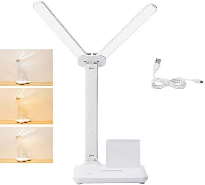 Doppelte LED-Schreibtischlampe mit USB-Ladeanschluss, dimmbar und mit Farbauswahl. Ideal für Bürobeleuchtung, Lesen und ...