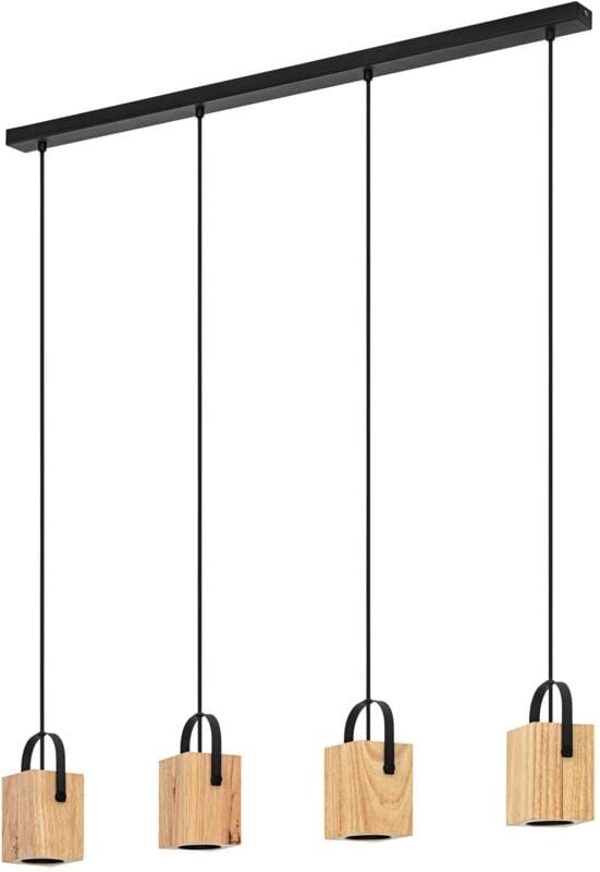 Led Hängelampe Ayles, 4-flammige Pendelleuchte Esstisch, natürliche Esszimmerlampe aus Holz in Natur und Metall in Schwa...