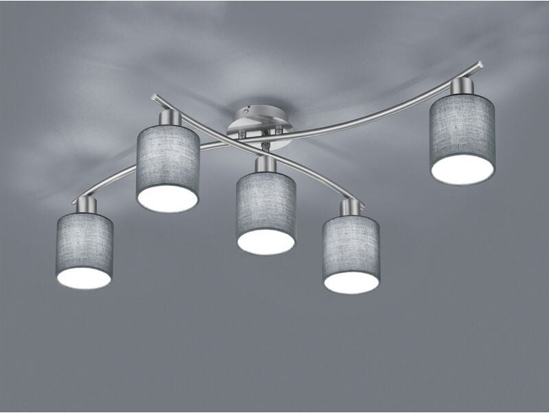 5 flammige LED Deckenleuchte mit Stoffschirmen Grau - Arm schwenkbar, B: 80cm