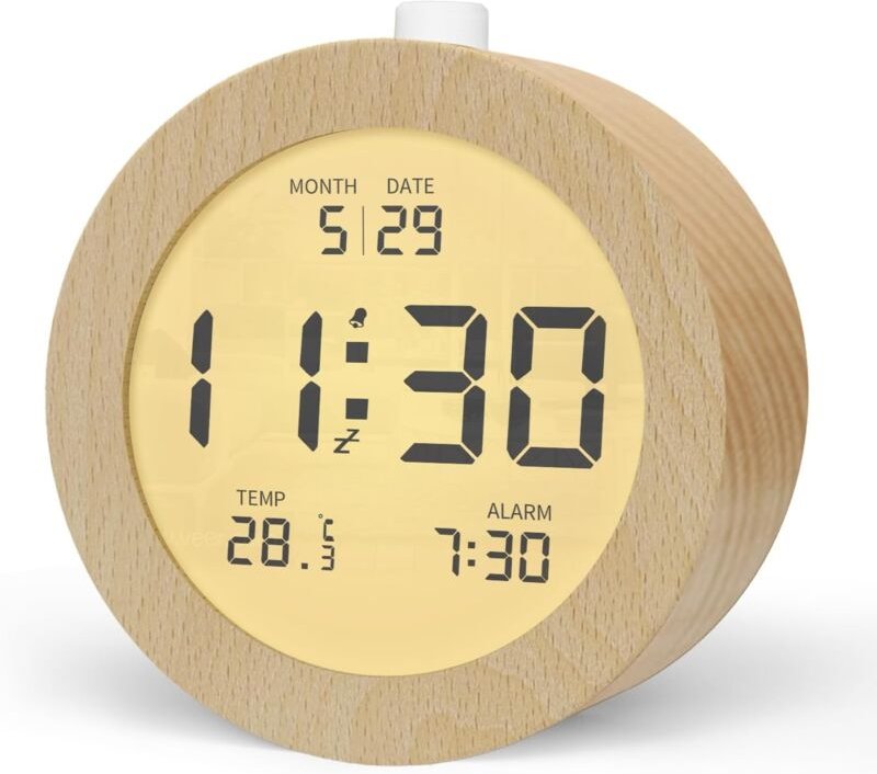 Digitaler Wecker aus Holz, LCD-Morgenwecker, Digitaluhr mit Datum, Temperatur, Schlummerfunktion, Hintergrundbeleuchtung...