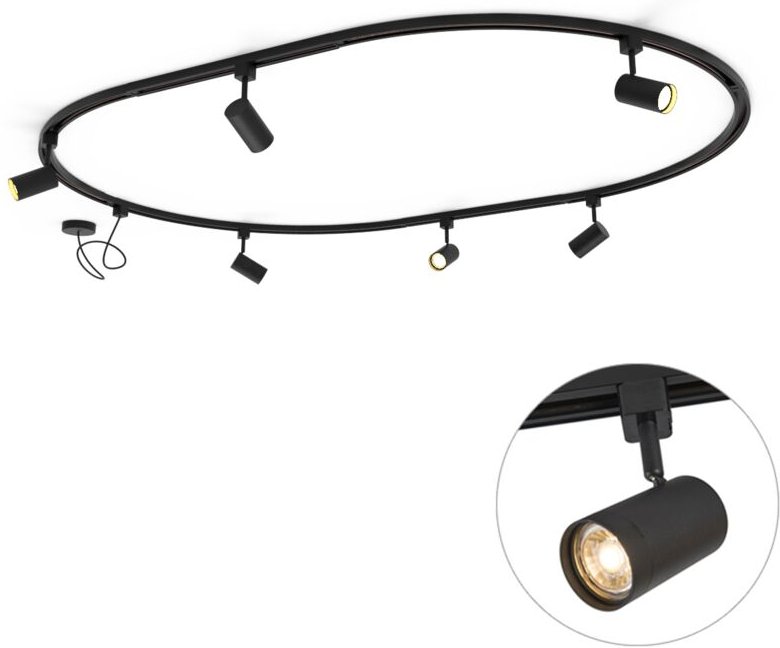 Modernes Schienensystem mit 6 schwarzen Strahlern, 1-phasig, Oval 100cm - Iconic Jeana