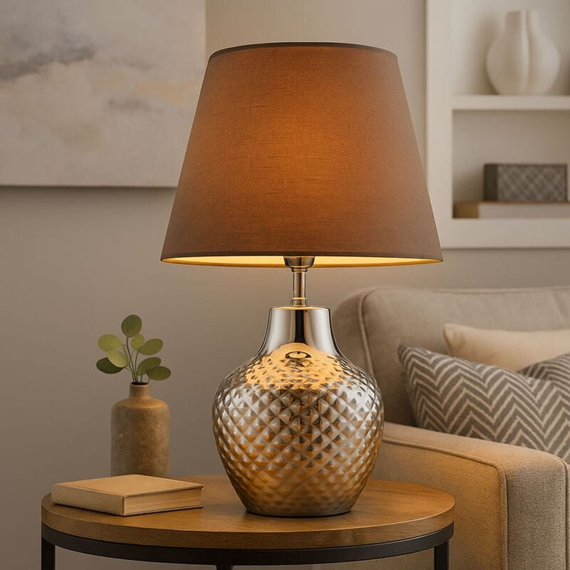 Tischlampe Wohnzimmer Nachttischlampe Tischlampe Keramik, Schlafzimmer Chrom Textil braun, 1x E14 Fassung, DxH 20x32cm